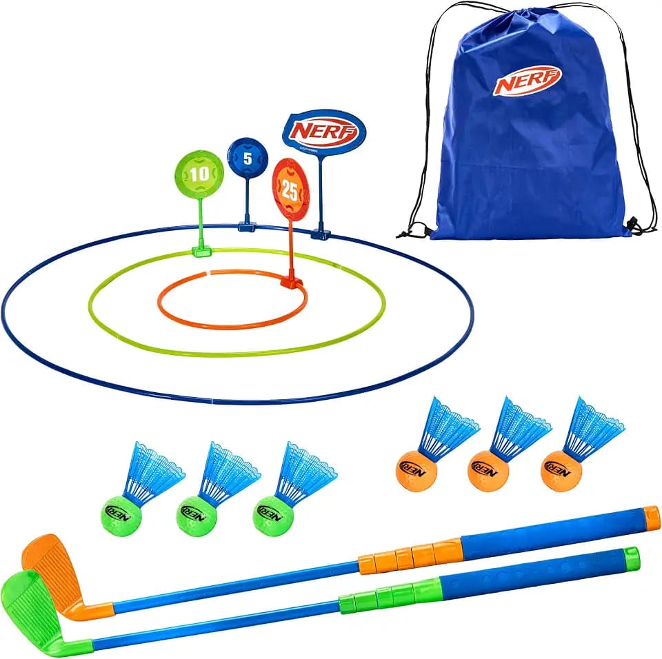 NERF Birdie Shot Chipping Golf Game - Clubs + Scoring Rings Set