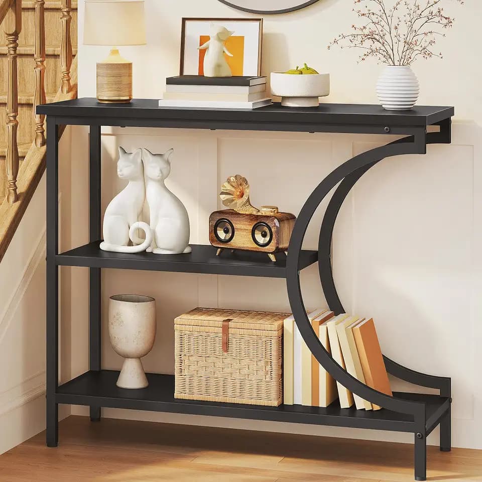 Hoctieon Console Table, 3-Tier Industrial Entryway Table with Storage, Hallway Tables, Narrow Entrance Sofa Tables, C-Shaped Metal Frame, Accent Tables with Shelves for Living Room, Foyer, Black