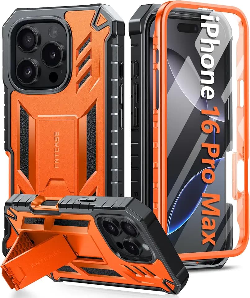 FNTCASE for iPhone 16 Pro Max Case, Built-in Screen Protector, Kickstand