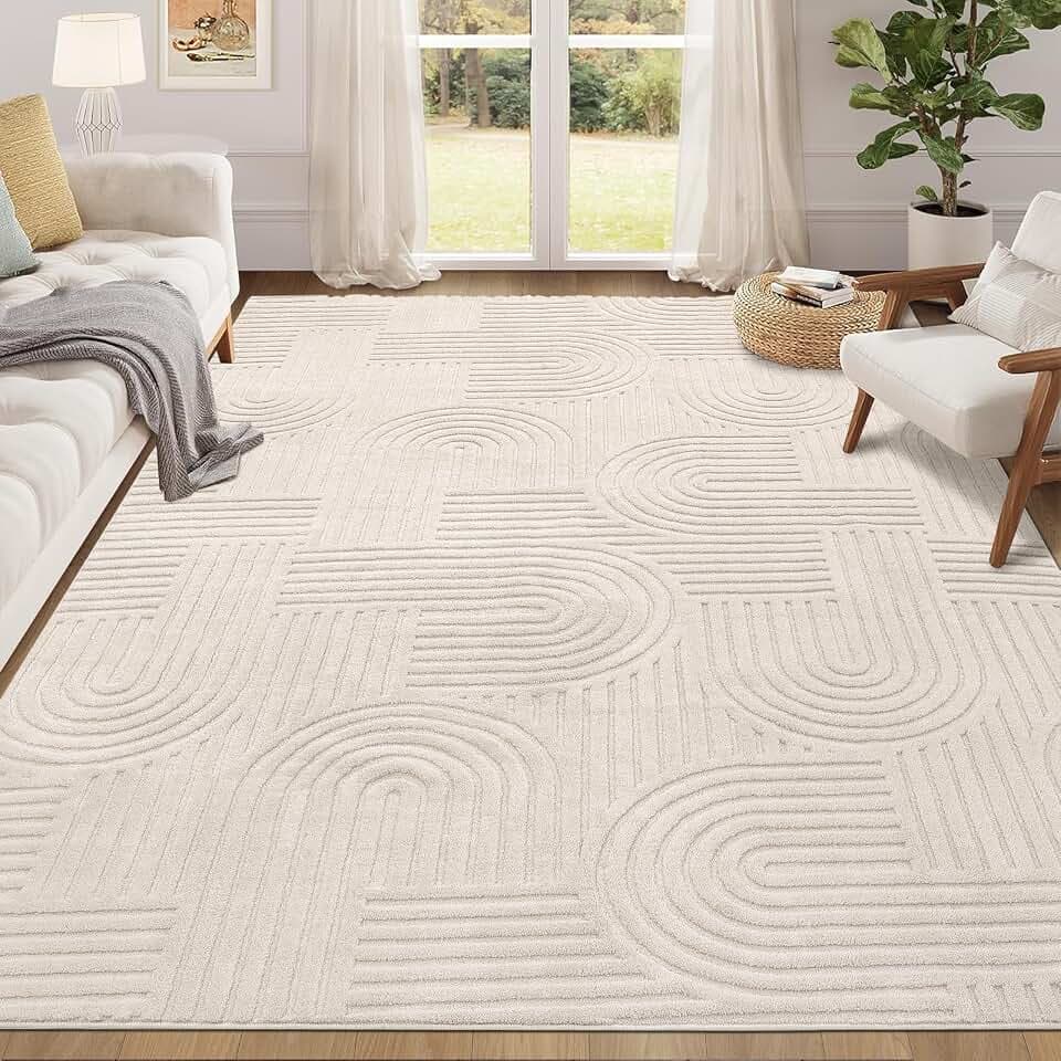 Enyhom Teppich Wohnzimmer 120 x 160 cm, Weicher Kurzflor Waschbar Küchenteppich Hochwertiger Moderner Pflegeleicht Teppiche für Schlafzimmer Büro Aufenthaltsraum, Beige