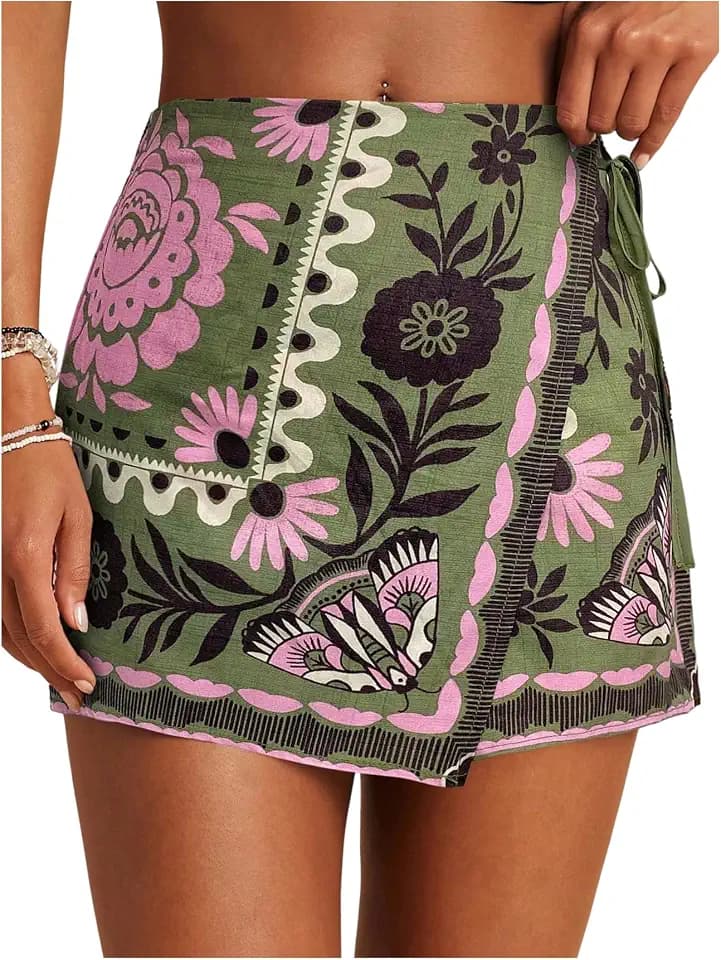 SweatyRocks Women's Boho Mini Skirts Floral Shorts Tie Side Wrap Skorts