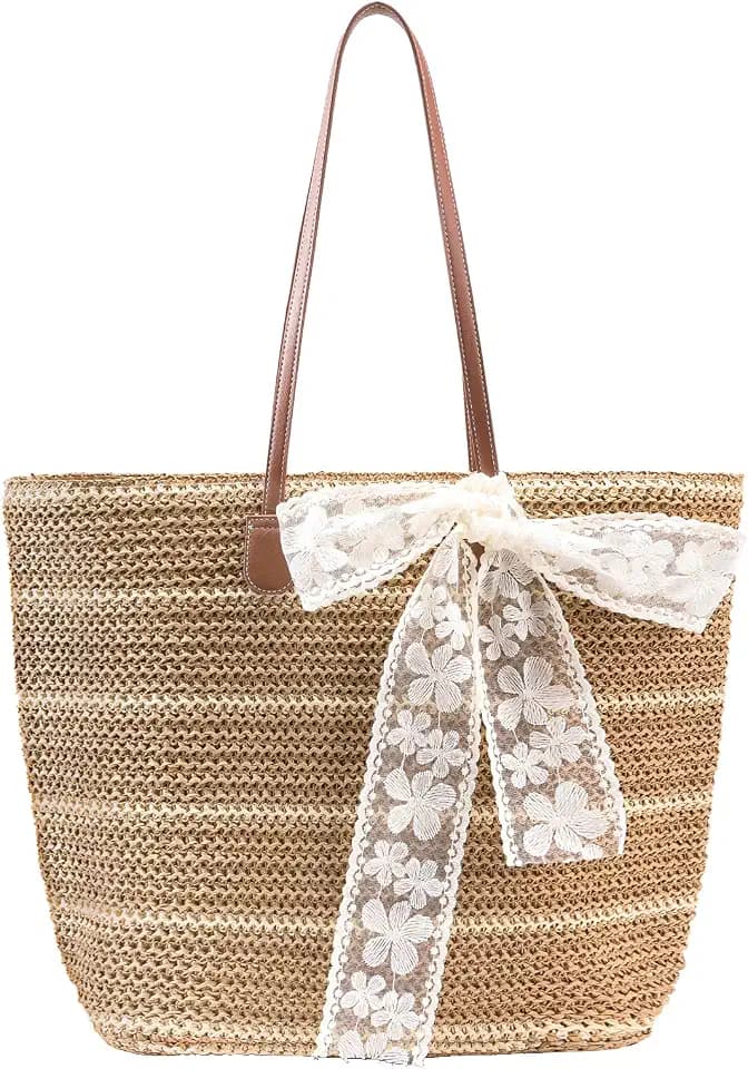 Beach Bag Straw Tote Women: Large Zipper Boho Woven Bag for Summer Vacation