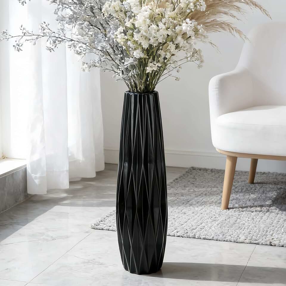 Große Schwarze Keramik 45CM Vase,17.7" Hoch,Dekorative Vase für Wohnzimmer,Schlafzimmer und Büro,Perfekt für Pampasgras und Blumenarrangements