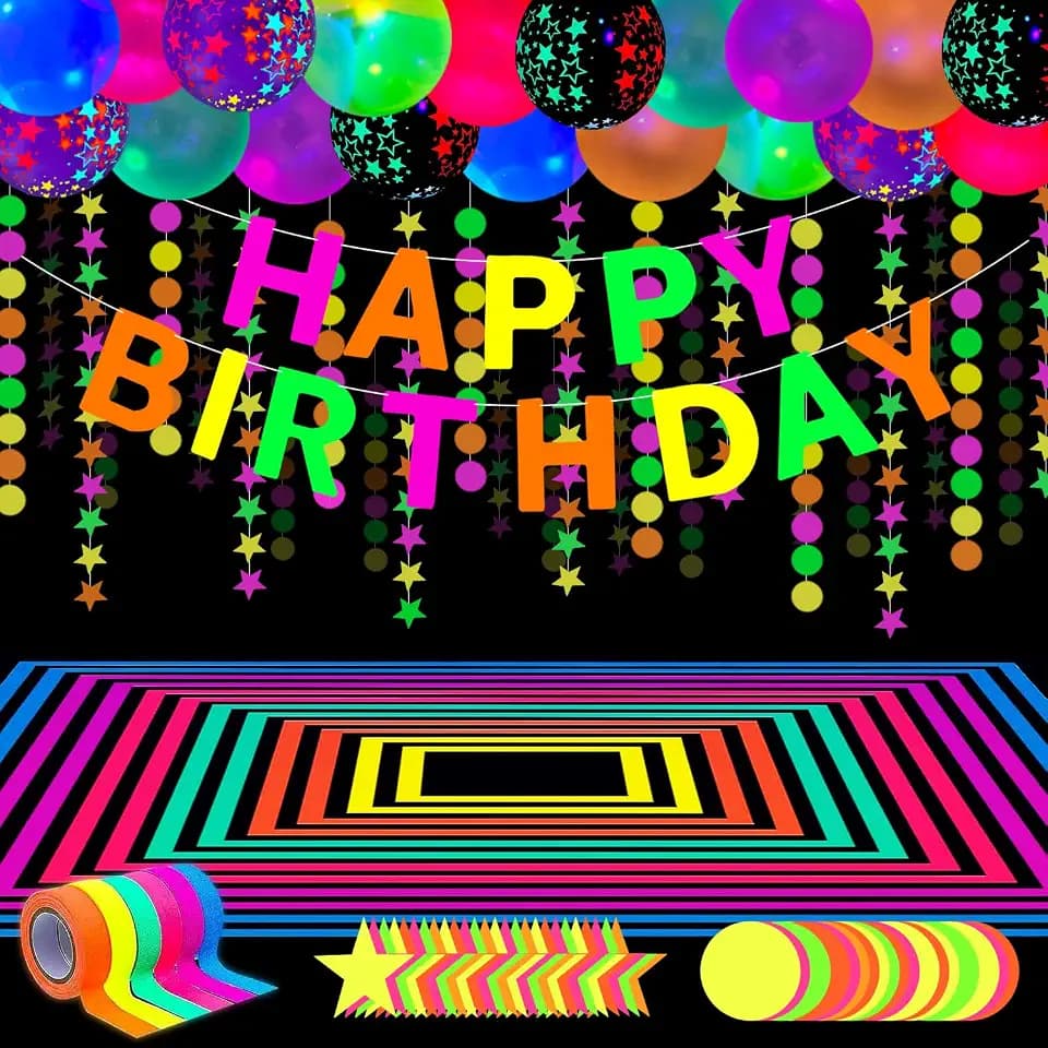 52 Packungen Leuchtendes Neon Partyzubehör Leuchtende Party Dekorationen Neon-Geburtstags-Party-Zubehör Schwarzlicht Reaktive Dekoration Set - Fluoreszierende Banner, Girlanden, Ballons, Klebeband