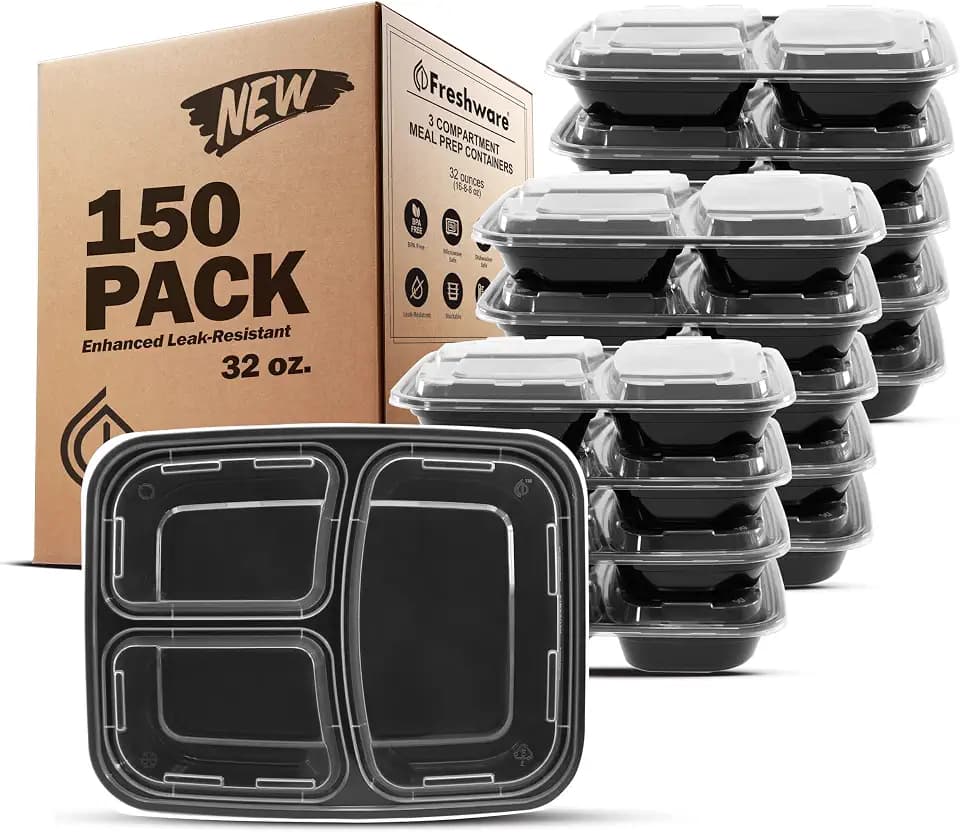 Freshware Meal Prep Containers [150 Pack] 3 Compartment with Lids, Food Containers, Lunch Box, Stackable, Bento Box, Microwave/Dishwasher Safe (32 oz)