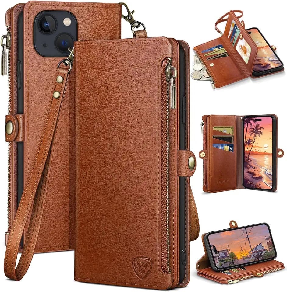 XcaseBar for iPhone 15 6.1" Wallet case with Zipper Credit Card Holder RFID Blocking,Flip Folio Book PU Leather Shockproof Strap Protective Cover Women Men for Apple 15 Phone case Light Brown