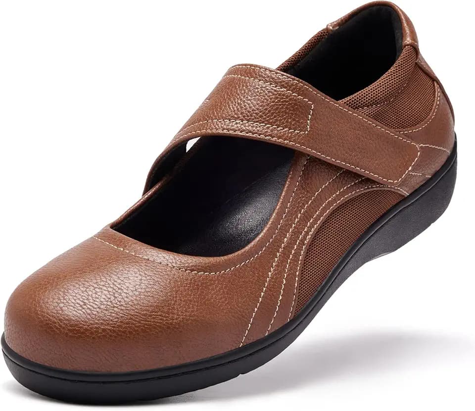 Mary Jane Shoes Women Leather Orthopedic Flats Round Toe Casual Dress Shoes Non Slip Work Shoe with Memory Foam