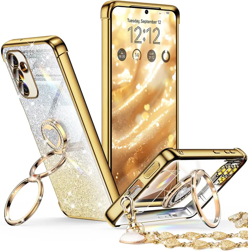 XYZ for Galaxy S25 FE Case with Stand - Phone Case with Double Ring Kickstand - Women Girls Bling Luxury Protective Phone Cover Heart for Samsung S25 FE 5G, Gold