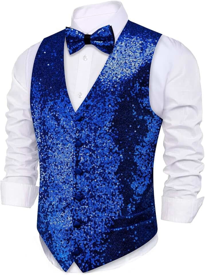 Barry.Wang Mens Sequin Shiny Waistcoat Bowtie Set Sparkly Casual Suit Vest Festival Disco Party Prom