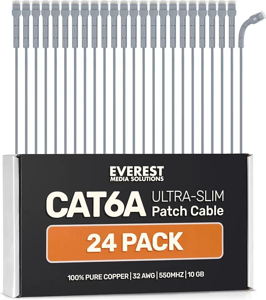 Everest Ultra Slim Cat6a Ethernet Patch Cables 3ft (24-Pack) Gray