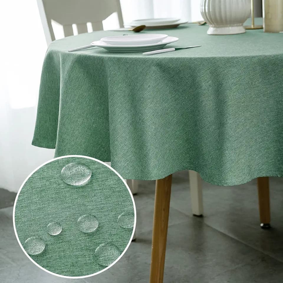 Qidordour Round Tablecloth, 70 inch Diameter, Faux Linen Table Cloth, Water Resistant Spill-Proof Wipeable Polyester Dining Table Cover for Kitchen Restaurant Buffet Tabletop Decoration, Dark Green