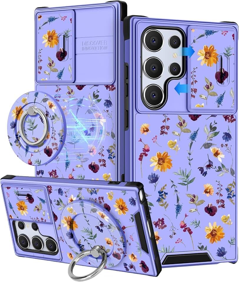 Buleens for Samsung Galaxy S25 Ultra Case - with Ring Stand & Camera Cover Aesthetic Cute Designed for Women Girls Girly Floral Flowers Kawaii for Samsung S25 Ultra Phone Case Compatible with Magsafe