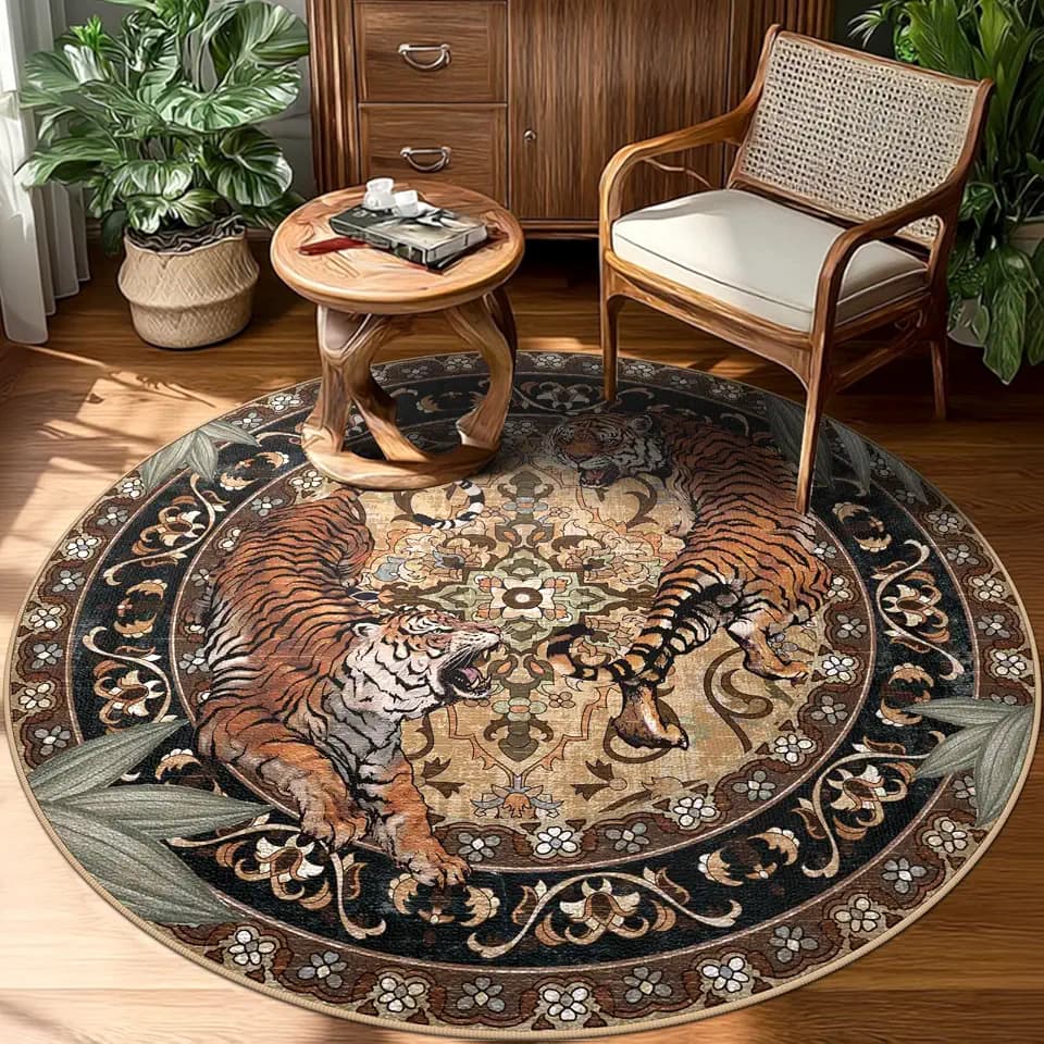 Round Tiger Area Rugs 6ft, Botanical Jungle Living Room Bedroom Circle Rugs Non Slip, Boho Washable Animal Print Area Floor Carpets for Entryway Dining Room Nursery Playroom, Brown