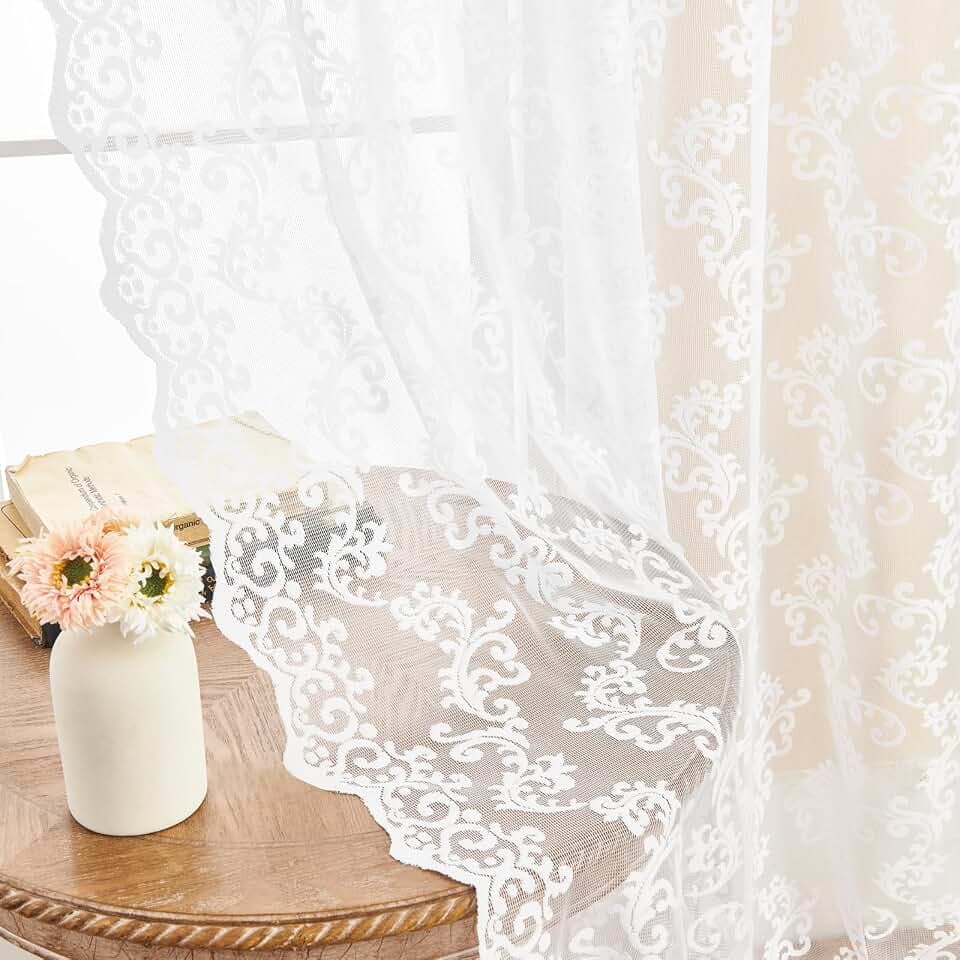 Sheer Lace Curtains 72 Inch Length 2 Panels set Victorian Floral Paisley Curtains for Living Room Bedroom Rod Pocket Light Filtering Country Drapes Vintage French Casual Window Décor, 52x63 White