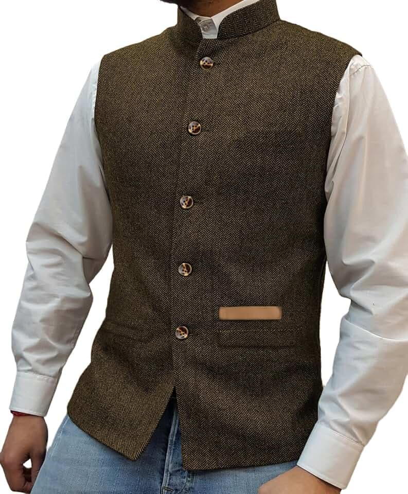 Jagd Herren Stand-Up Kragen Mock Tweed Westen Retro Herringbone Weste Vintage Hochzeit Gilet Wollen Bräutigam