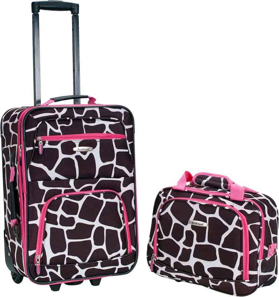 Rockland Fashion Softside 2 Piece Luggage Set, Expandable, (14" Tote/19" Upright), Pink Giraffe