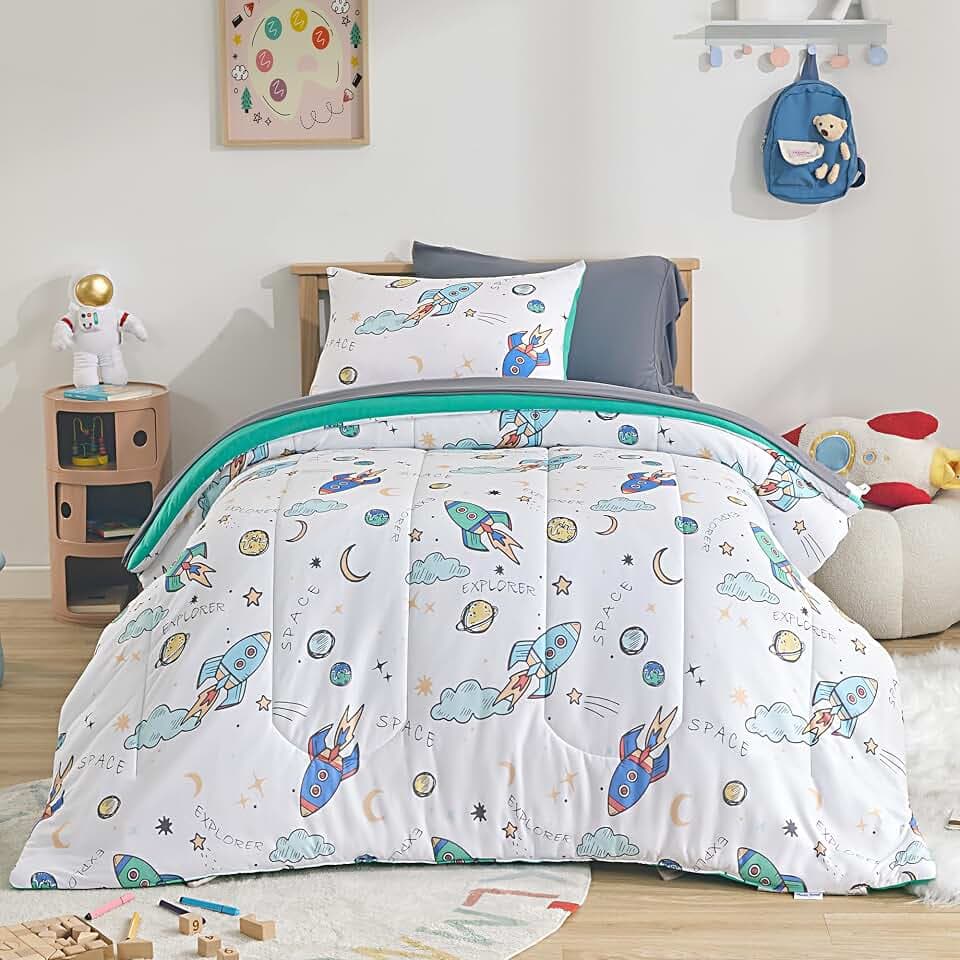 SLEEP ZONE Kids Comforter Set Full/Queen Size, Jersey Knit 7 Pieces Bedding, Super Soft and Breathable Comforter with Sheets, Pillowcases (Multi Rocket)