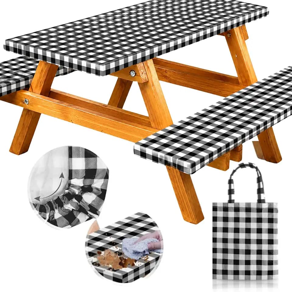 RNOONY Vinyl Fitted Picnic Table Cover with Bench Covers & Bag, 6 FT Outdoor Waterproof & Windproof Durable Tablecloth with Elastic Edges, Camping Essentials, RV Gear, 72x30 Inches - Black Checkered