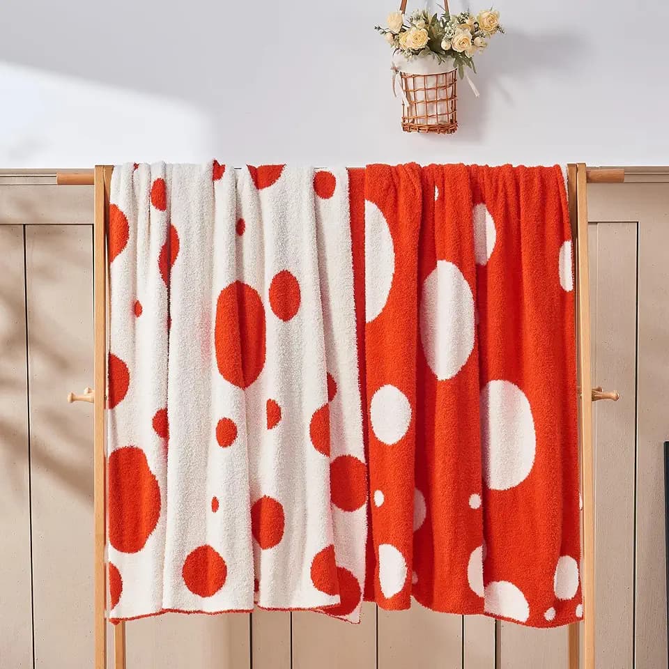 Douceur Reversible Knitted Throw Blanket,Orange Red White Polka Dot,60"x80"