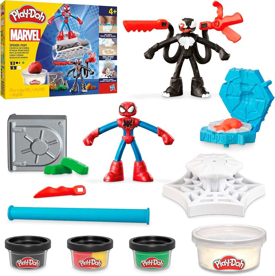 Play-Doh Marvel Spider-Man Netz-Action Set, 2 Spielfiguren und vielen Knetformen, 4 Dosen Modelliermasse in passenden Farben, kreatives für Kinder ab 3 Jahren