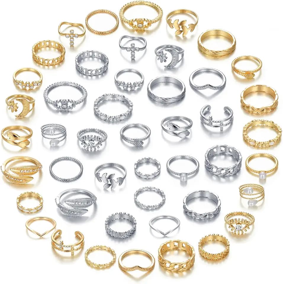 Golden Silvery Knuckle Rings Set for Women, Stackable Rings Bohemian Crystal Hollow Carved Flowers Joint Finger Rings Pack Fashion Jewelry Gifts for Birthday
