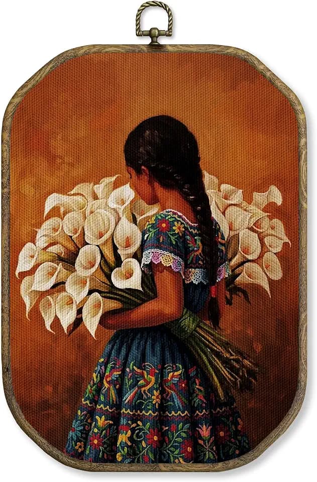 WUHSDIBC Mexican Floral Woman Octagon Wall Art Decor, Calla Lilly Flower Framed Canvas Art Prints, Vintage Mexican Wall Hanging Decor for Home Bedroom Living Room Farmhouse, 10.2x7 Inches