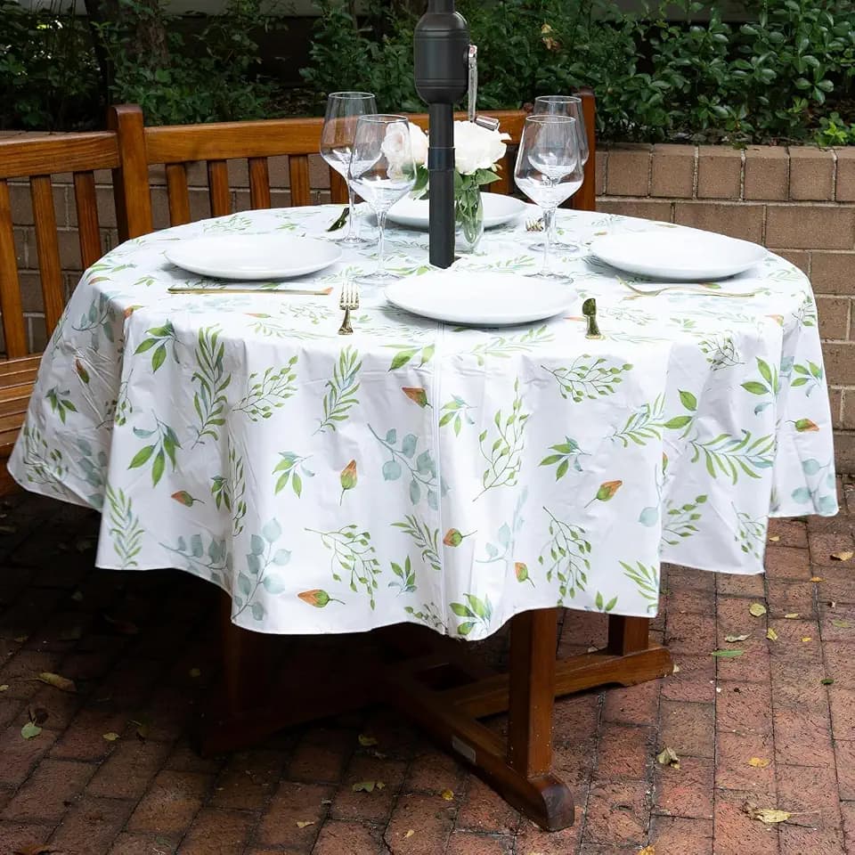EVERYDAY LUXURIES Waterproof Oblong Tablecloth with Umbrella Hole 60 x 84 Inch Stain and Wrinkle Resistant | Decorative 3.6 Gauge Camilla's Garden Vinyl Table Cover for Indoor Outdoor Seatings.