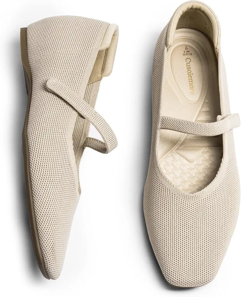 Cusolemore Mary Jane Flat Shoes for Women with Arch Support and Concealed Low Wedge Heel, Comfortable Women Square Toe Ballet Flats Knit Dress Shoes