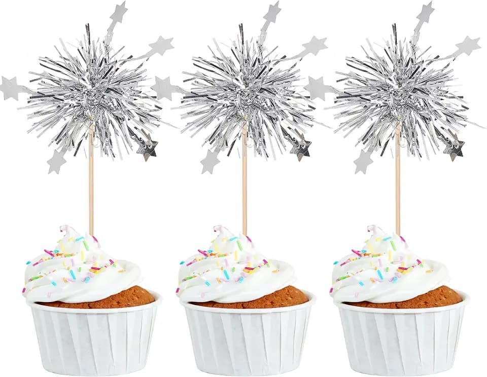 Rsstarxi 30 Pack Foil Firework Cupcake Toppers Sparkle Tinsel Drink Birthday Cake Decorations Cocktail Food Fruit Toothpick for New Years Eve Wedding Birthday Party Decorations Silver
