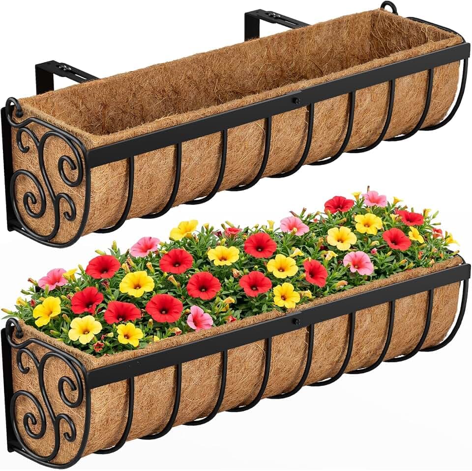 VOXOR Railing Planter Boxes, 24 Inch Window Boxes Planters, Balcony Planters with Adjustable Brackets & Coco Liner for Outdoor Fence, Deck, Porch, and Patio Gardening, 2 Pack