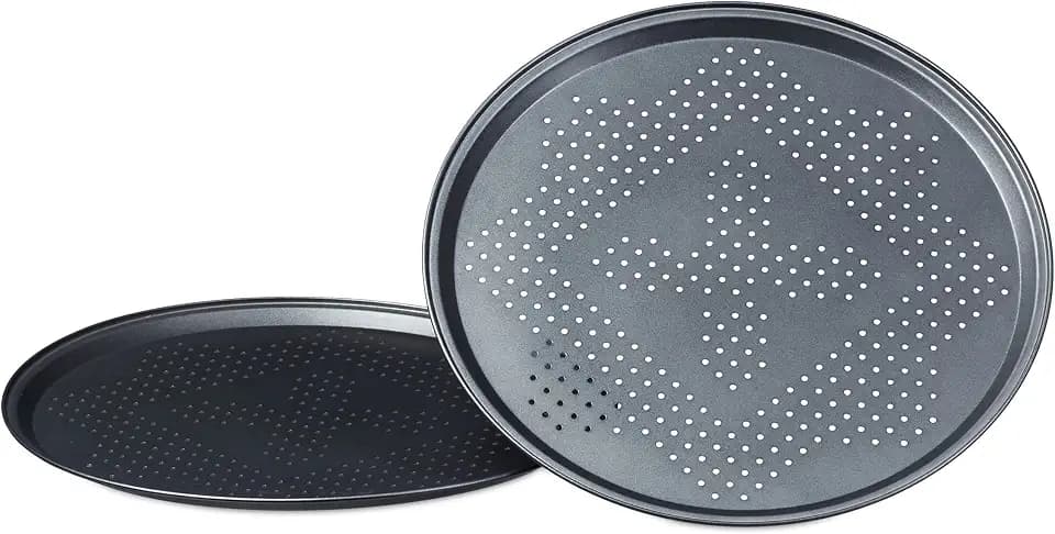 Relaxdays Pizzablech mit Perforation im Set runde Pizzabackbleche mit extra großem Durchmesser: ca. 29 cm Backbleche für Pizza und Flammkuchen Pizza Backset im 2er Set antihaftbeschichtet, anthrazit