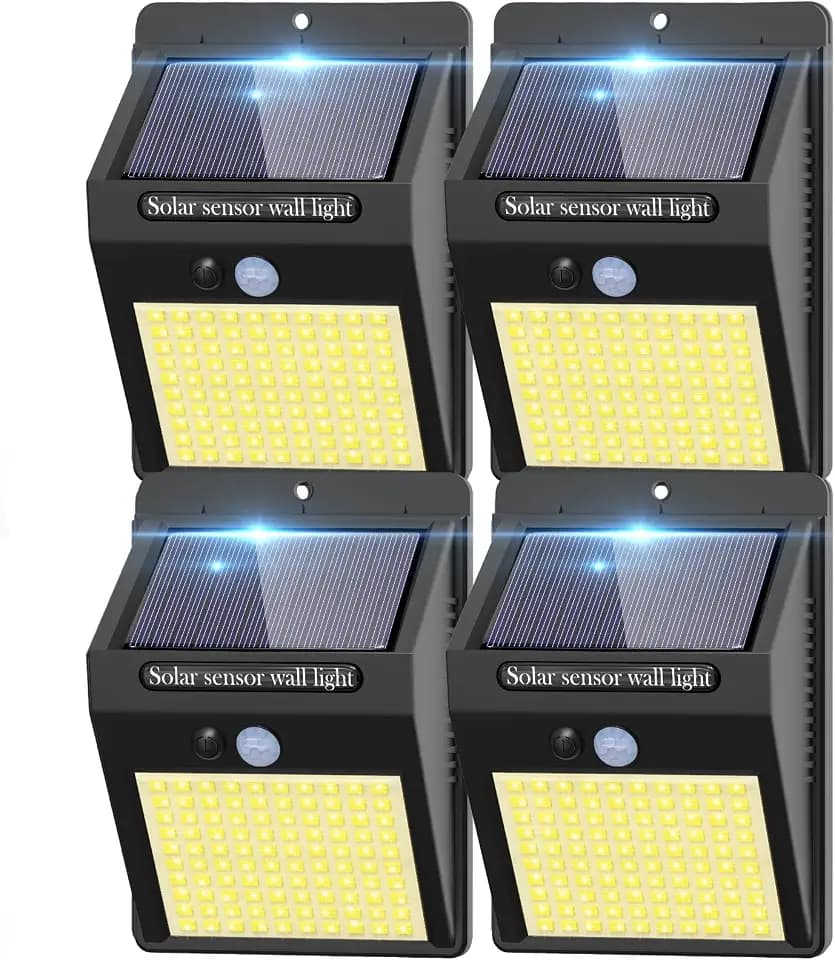 kolpop 4 Pack Solar Motion Lights Outdoor, 3 Modes/100LED Security Wireless IP65 Waterproof Wall Outdoor for Front Door, Backyard, Garage, Deck(Warm White)