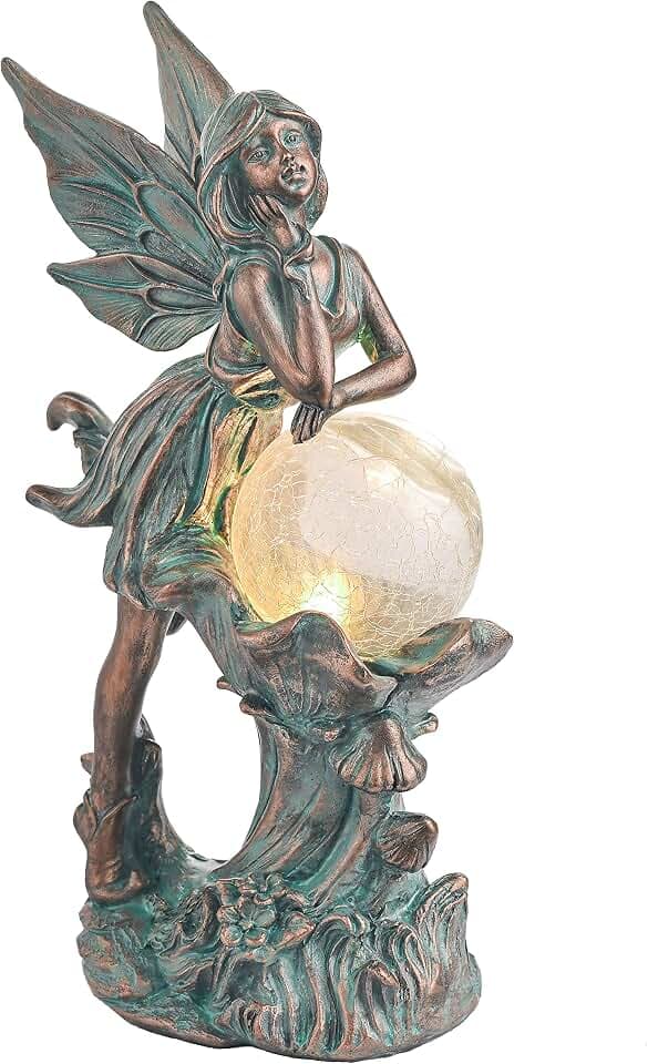 TERESA'S COLLECTIONS Fairy Garden Statue Solar Resin Patina Bronze 12.4"