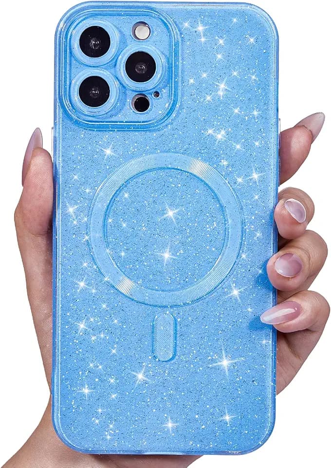 Svanove Glitter Case for iPhone 13 Pro Max Phone Case Magnetic Compatible with Magsafe, Sparkle Bling Shiny Sparkly Cute Girly Design, Trendy Aesthetic Hard Mag Cover for Women Girls, Light Blue