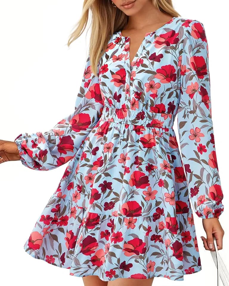 BTFBM Fall Dresses for Women 2026 Trendy Floral Long Sleeve Mini Dress