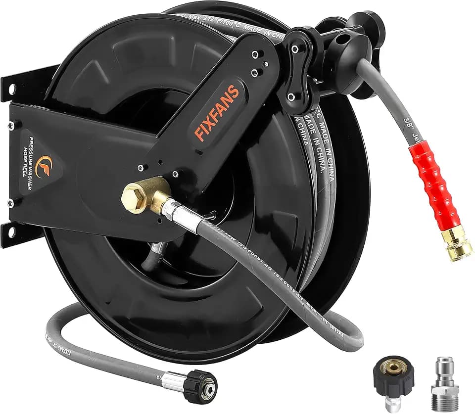 FIXFANS Pressure Washer Hose Reel with Hose for Hot Cold Water, 3/8" X 50FT