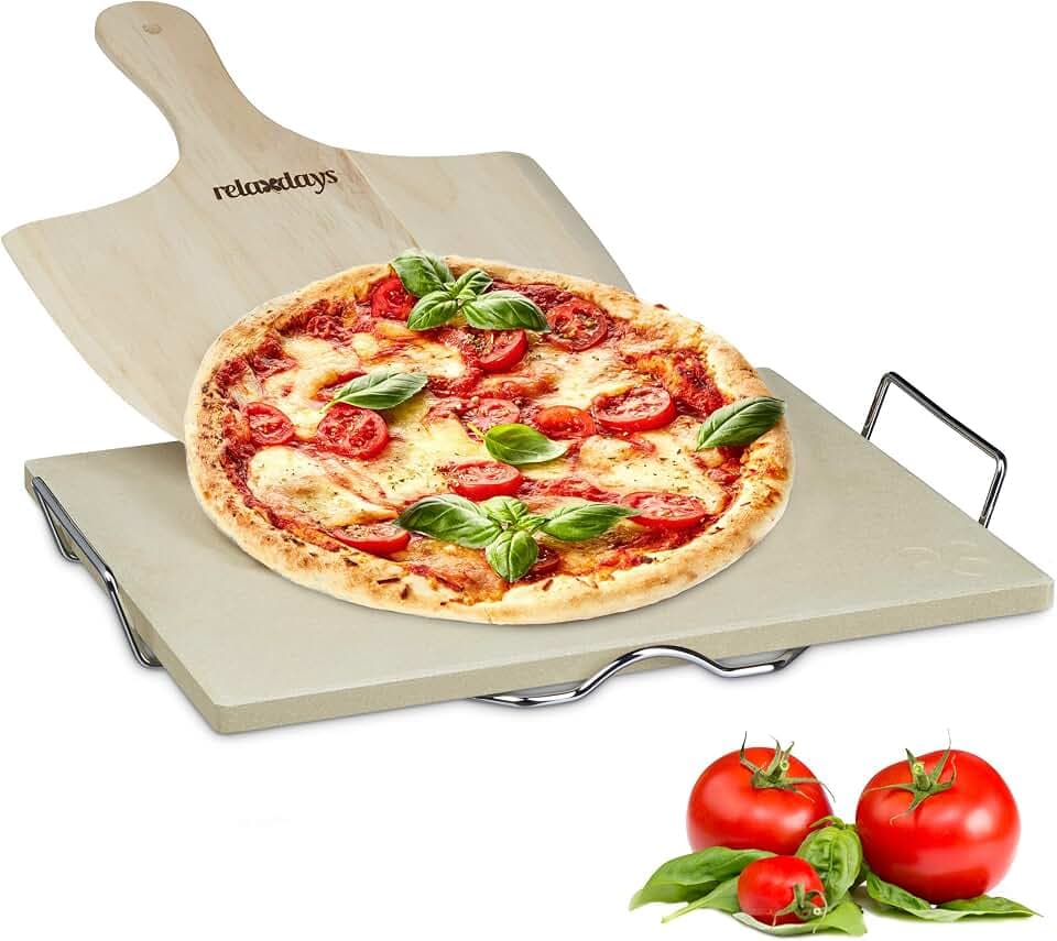 Relaxdays Pizzastein Set 1,5 cm Stärke mit Metallhalter und Pizzaschieber aus Holz HBT 1.5 x 38 x 30 cm rechteckiger Brotbackstein für Pizza und Flammkuchen mit Pizzaschaufel für Pizzaofen, natur
