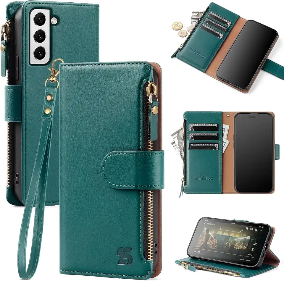 Shieldtop Compatible with Samsung Galaxy S22 Wallet Case with Card Holder,Women Men RFID Blocking PU Leather Flip Cover Wrist Strap Zipper Credit Card Slots,Phone Case for S22 6.1",Blue Green