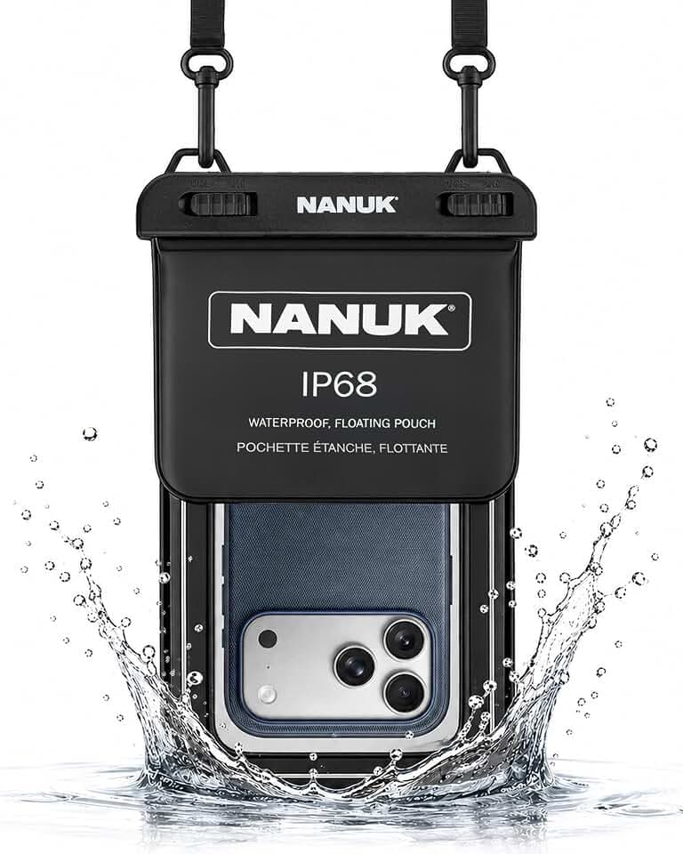 NANUK Waterproof Phone Pouch – IP68 Floating Underwater Dry Bag for Snorkeling & Beach – Touchscreen Case with Adjustable Crossbody Strap, Dual Pockets – Fits All Smartphones (9.45" x 5.43") – Black