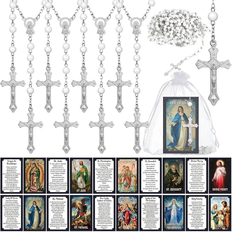 Sayglossy 10/20/30 Set Catholic Religious Gifts Set Rosary Christian Cross Necklace with Saint Prayer Cards & Organza Bags - Bulk First Communion, Baptism, Confirmation, Lent Favors