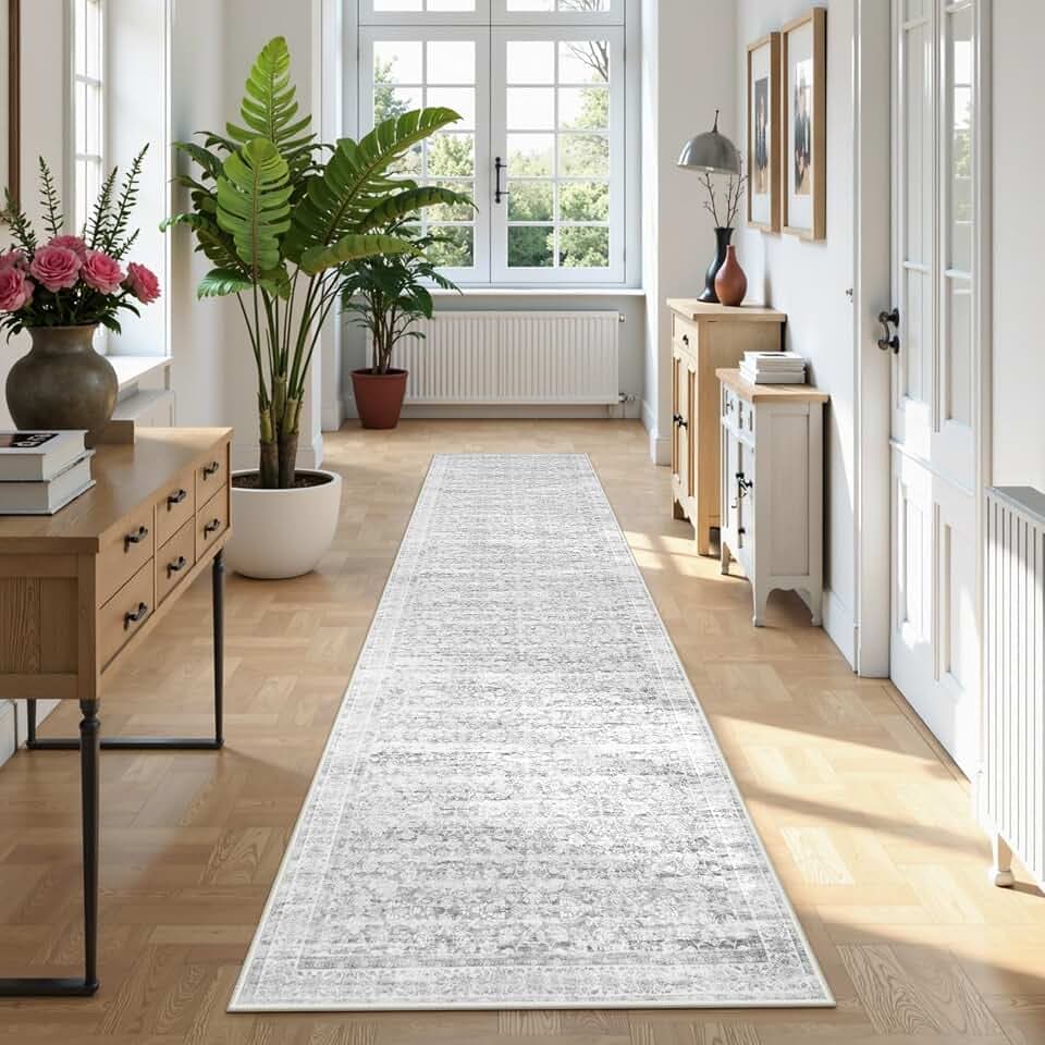 Yuemasi Vintage Rug Runners for Hallways Non Slip 2.5x10, Low Pile Washable Kitchen Runner Grey Ultra Thin Long Rug for Hallway 10 ft, Boho Floral Soft Carpet Decor for Bathroom Entryway, Gray/White