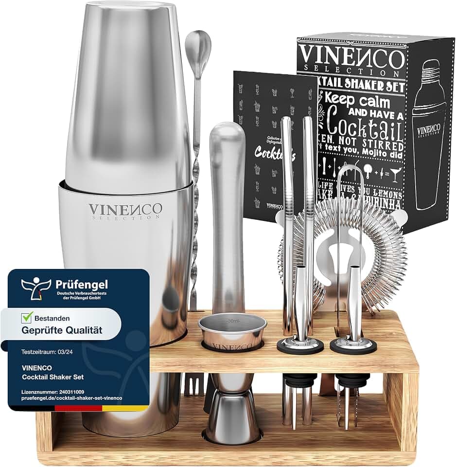 Cocktail Shaker Set mit Rezeptbuch – Edelstahl Cocktailshaker Bar Zubehör