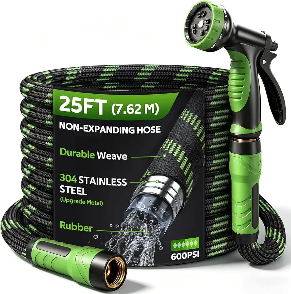 NON-EXPANDABLE Garden Hose 25 FT Water Hose with 10-Function Spray Nozzle