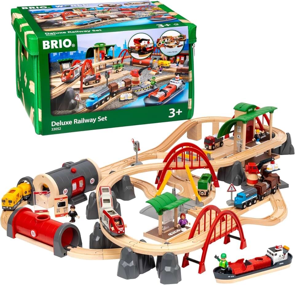 BRIO World Deluxe Railway Set - 87-Piece Wooden Train Set - Includes Passenger & Freight Trains, Stations, Accessories - Safe & Sustainable - MESH Accredited Fun Play for Kids Ages 3 & Up