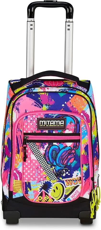 Mitama Schultrolley DR Junior Music Sticker, Rosa, mit Mega Fach und Doppelgriff, Grund- und Mittelschule, Freizeittrolley, Mädchen und Mädchen