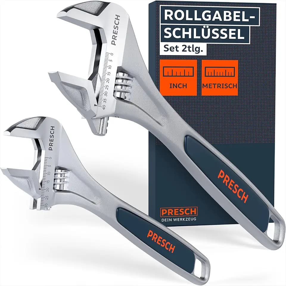 PRESCH Rollgabelschlüssel Set - 200mm & 300mm - Lasergravierte Skalen 30mm & 40mm (metrisch & inch) - Hochpräzise gefräst für besten Halt - Robuste, verstellbare Schraubenschlüssel