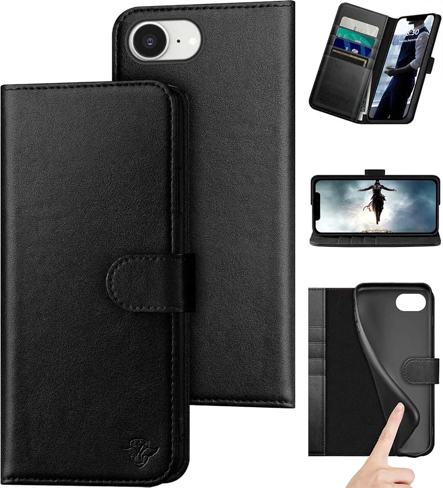 DuckSky Compatible with iPhone 16e 6.1"/iPhone 17e 6.1" Genuine Leather Wallet case【RFID Blocking】【Credit Card Holder】【Real Leather】 Flip Phone case Cover Women Men for Apple 16e case Black