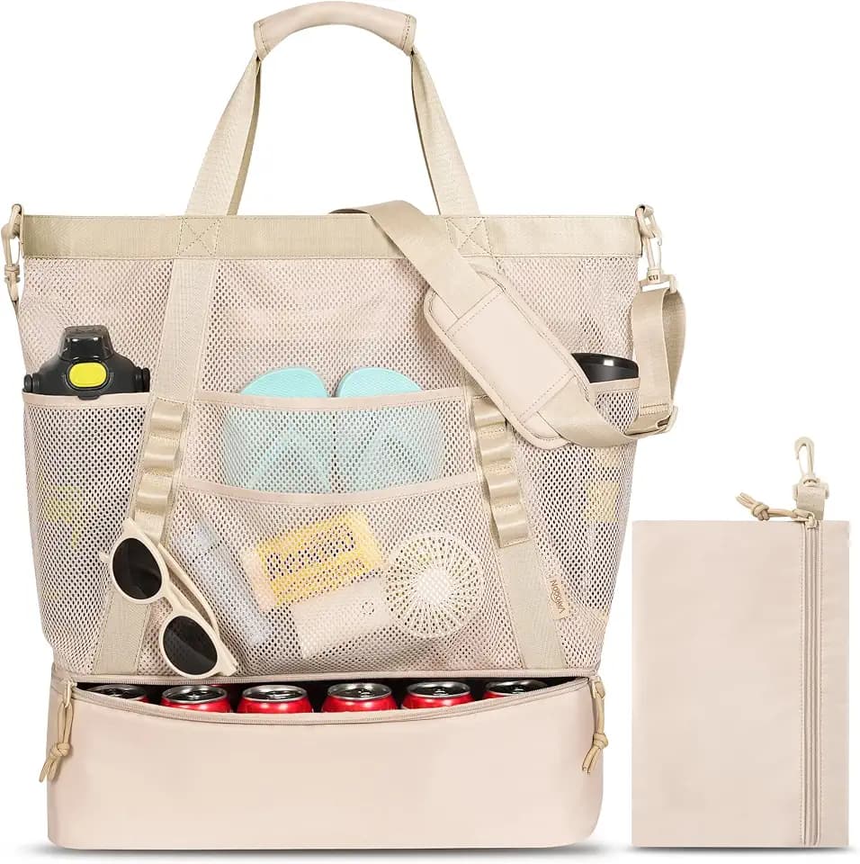 Large Beach Bag with Cooler Mesh Beach Tote for Women Insulated Pool Bag