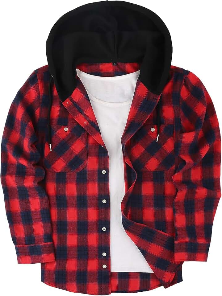 AIEOE Herren Hemd Karierte Freizeithemd Button Down Karohemd mit Kapuze Flanellhemden S-3XL