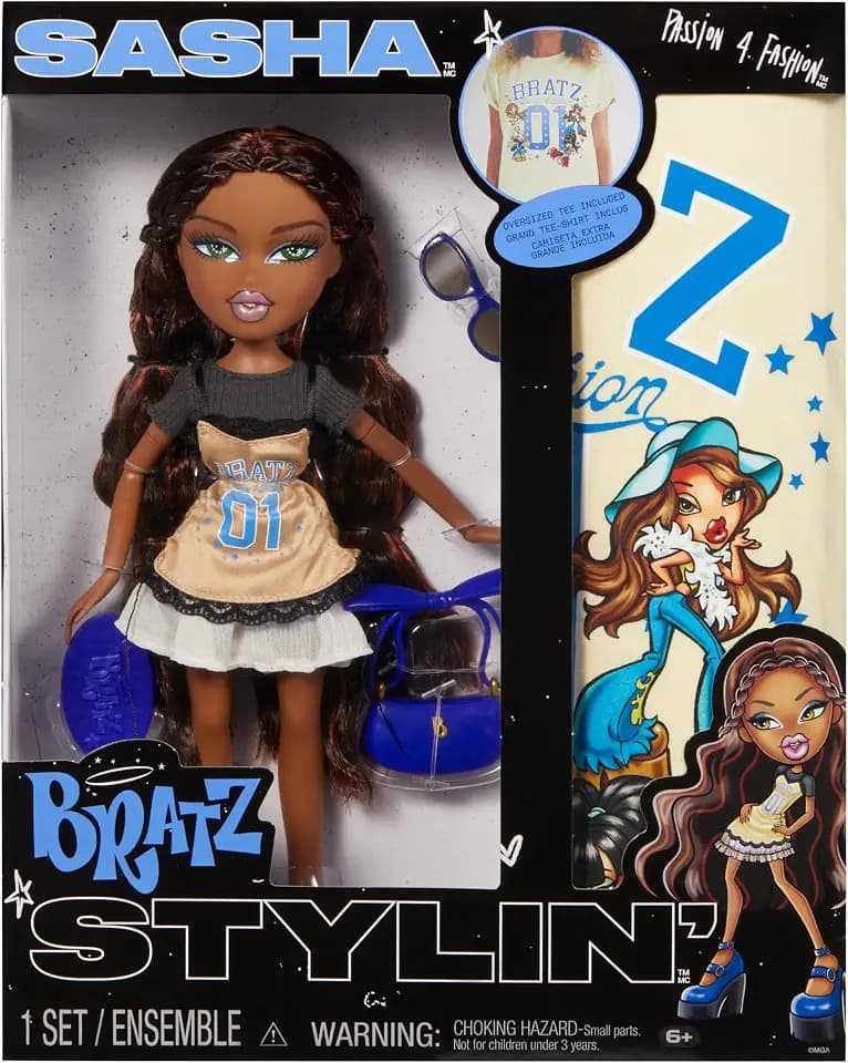 Bratz Stylin' Sasha - Modepuppe mit T-Shirt um Gestalten für Dich, Inklusive Accessoires, Niedliches Spielzeug für Mädchen
